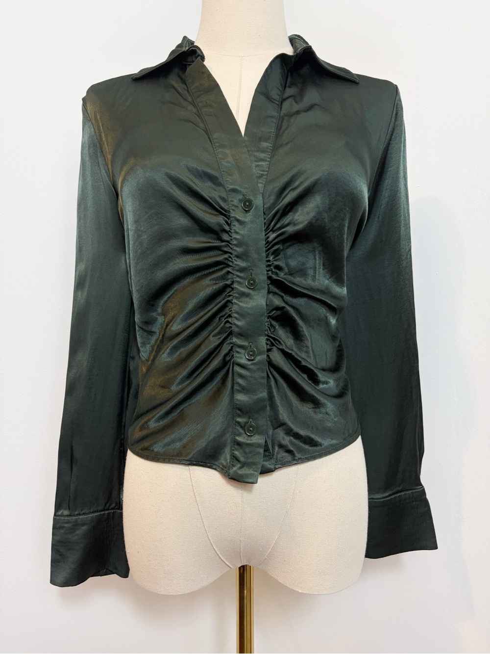 Zara Satin Ruched Dark Green Button Down Long Sleeve Blouse